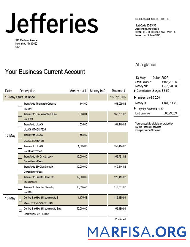 Blank Jefferies Bank company checking account statement Word and PDF template